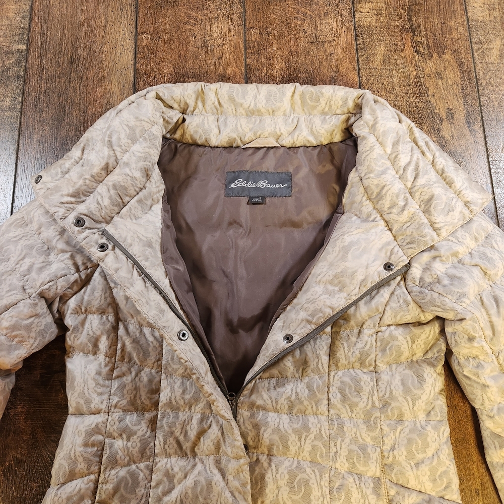 Eddie Bauer Goose Down Puffer Jacket Women's S Beige Lace Motif Full Zip Pockets - Picture 5 of 10